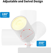 Adjustable and swivel design of a spotlight with labeled angles on a white background.